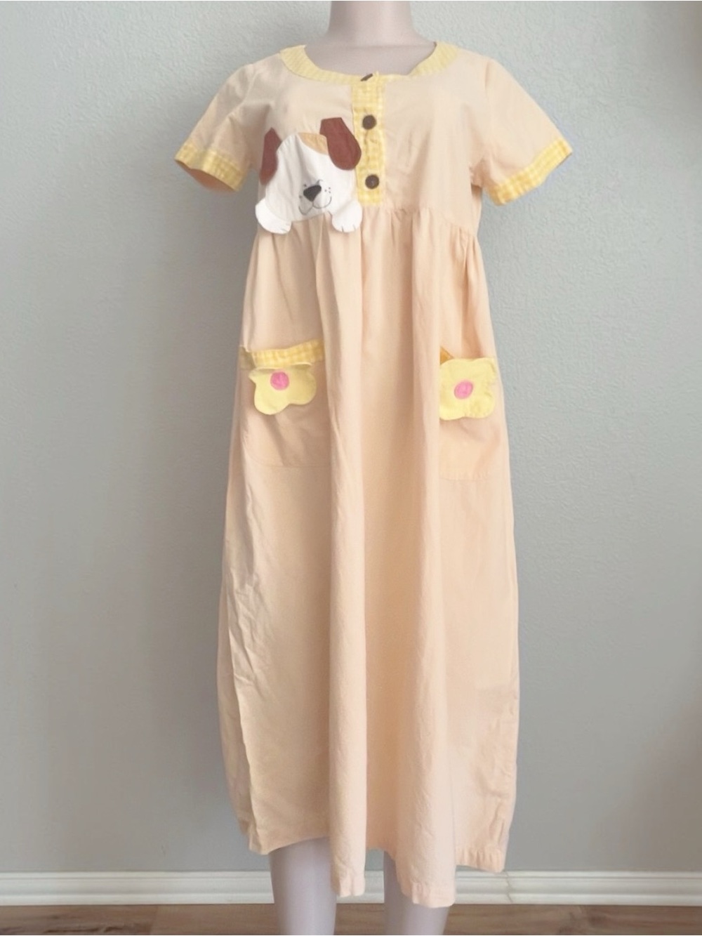 Vtg PET SHOP Puppy Dog Applique Dress Gingham Flower Pocket Mori Kei Kawaii SZ M
